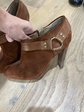 Jessica Simpson Women's Brown Suede High-Heel Ankle Boots with Leather Strap